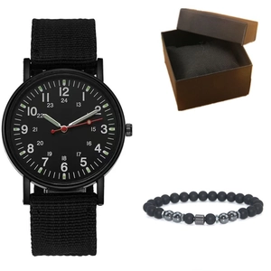 Close-up of men's black quartz watch with nylon strap and beaded bracelet in a gift box