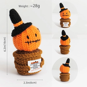 Handmade crochet pumpkin ghost with wizard hat and Happy Halloween greeting card