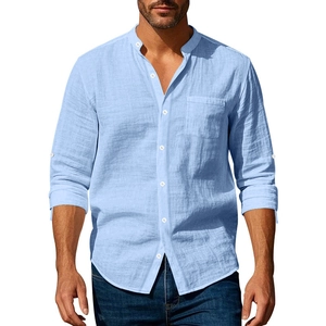 Detail view of light blue linen shirt featuring a mandarin collar and breathable texture