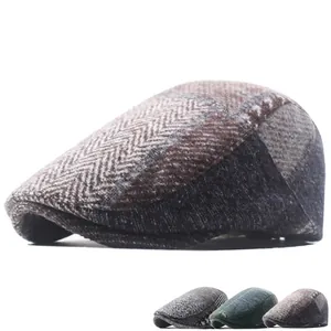 Mens vintage wool herringbone newsboy cap in gray brown and multi-color patterns