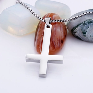 Polished silver stainless steel inverted cross pendant on a durable box chain detail