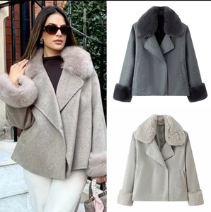 Manteau En Laine Pour Femmes Grand Col Et Poignets En Fausse Fourrure Ceinturé Manches Longues Veste D'hiver Élégante