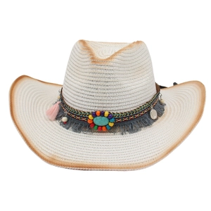 White Panama straw hat with bohemian tassel trim and turquoise stone embellishment