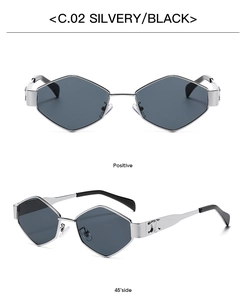 Rhombus geometric sunglasses with silver metal frame and dark lenses shown in multiple angles