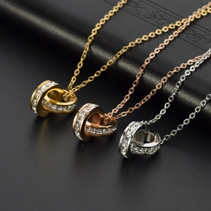 Minimalist titanium steel double ring necklace set with sparkling cubic zirconia in three colors