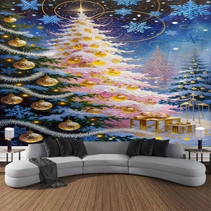 Detail view of pink and white oil painting Christmas tree tapestry hung over a gray sofa