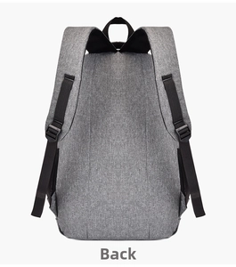 Rear view of dark grey business backpack showing adjustable straps and fabric texture