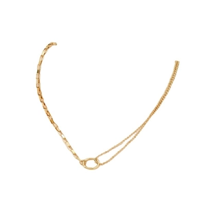 Golden asymmetrical titanium steel necklace with box chain, bead chain and Roman circle