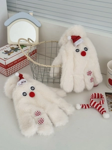 Detail of plush snowman gloves with red mini hats and festive embroidery for winter