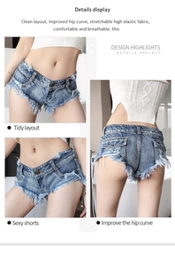 Drei-Wege-Ansicht der Low-Rise-Jeans-Shorts mit Fransensaum und hoher Elastizität