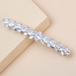 Elegant silver hair clip with sparkling leaf-shaped zircon crystals for women