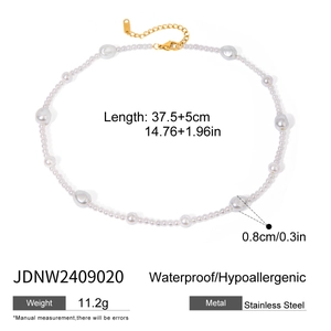 Detailed spec sheet showing 18k gold pearl necklace length, weight, and stainless steel material