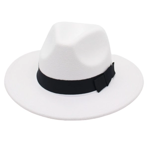 Classic white felt fedora hat for men and women with black ribbon bow on white background