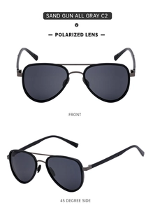 Front and 45-degree angle view of polarized pilot sunglasses with sand gunmetal frame