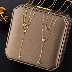 Double Layer Y Necklace Titanium Steel Round Zircon Pendant Geometric Circle Minimalist Elegant Jewelry For Women