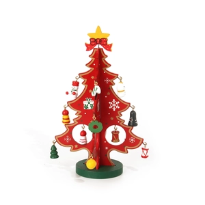 Detail of red and green wooden Christmas tree with mini snowman and gift box ornaments