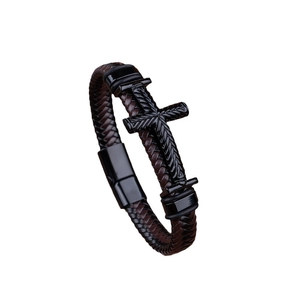 Fashion cross leather bracelet for men featuring dark brown braided cord and magnetic buckle
