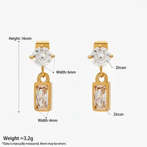 Golden stainless steel zircon drop earrings featuring square crystal pendant luxury jewelry