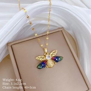 Detail of colorful bee pendant with zircon crystals and necklace dimensions shown
