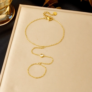 Bracelet De Doigt En Acier Inoxydable Plaque Or Bague Integree Chaine De Main Zircone Ronde Bijoux Femmes
