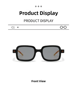 Front view of retro square sunglasses with thick black frames and orange gradient temples