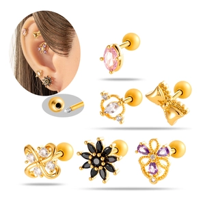 Vintage Surgical Steel Ear Cartilage Piercing Studs Zircon Flower Bow Heart Screw Back Earrings Body Jewelry For Women
