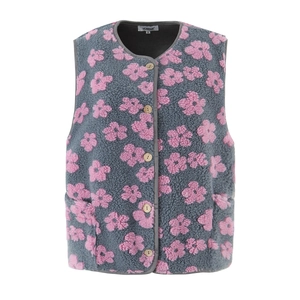 Women's dark grey fleece vest with pink floral print and wooden buttons