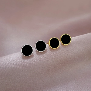 Minimalist titanium steel stud earrings with black shell inlay in gold and silver finish