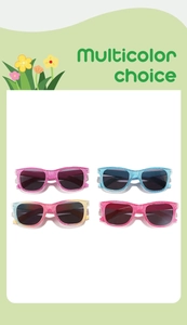 Close-up of stylish kids' square sunglasses with sparkling glitter frames in four colors