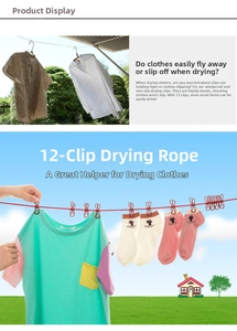 Detail of portable red retractable clothesline with twelve windproof metal hanging clips