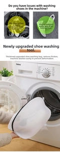 Detail showing hand placing durable mesh laundry shoe bag into a washing machine drum