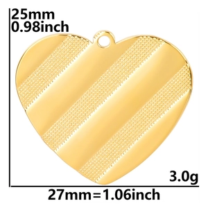 Detail view of 18k gold plated heart pendant with striped texture and dimensions