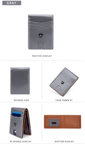 Gray RFID carbon fiber men's wallet showing multiple angles and interior card slots