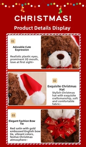 Close-up of Christmas teddy bear with plastic eyes, satin bow, and soft plush fabric