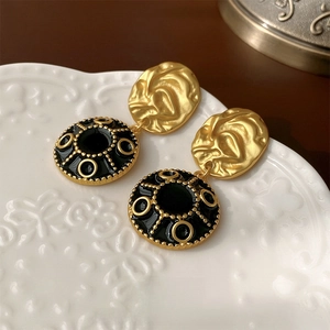 French Vintage Round Dangle Earrings For Women Alloy Black Enamel Geometric Retro Style With Silver Earring Post Luxury