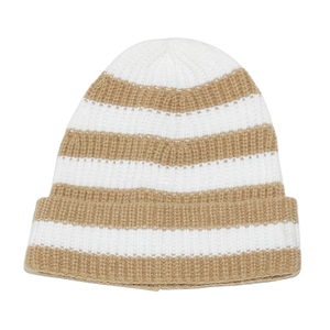 Close-up of the striped knit texture on the white and brown cuffed beanie winter hat