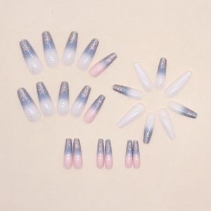 Long coffin press-on nails with blue-purple gradient and silver glitter sequins