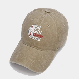 Detail of washed khaki baseball cap featuring Eat Sleep Baseball Repeat printed text