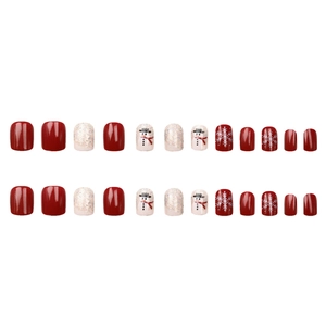 Christmas press-on nails set with red snowman and white snowflake patterns, 24 pieces