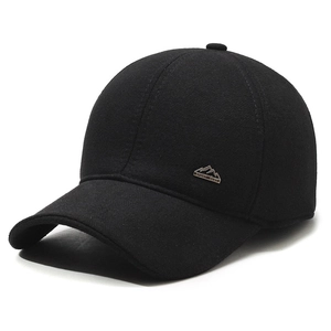 Winter black wool baseball cap with ear flaps and silver Sport Best metal logo
