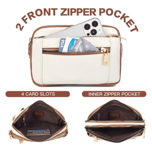 Minimalist beige and brown PU leather belt bag with front pockets and card slots