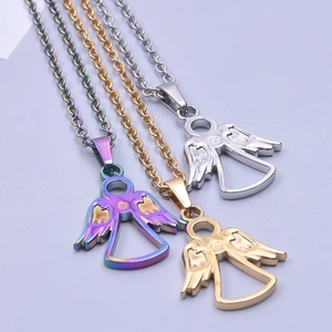 Polished 18k gold plated stainless steel angel wing pendant necklace for women