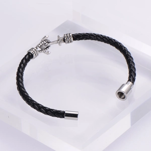 Classic black braided leather bracelet for men with silver stainless steel anchor clasp