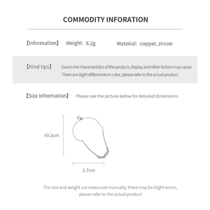 Detailed chart showing zircon wheat necklace specs: 49.5cm length and 6.2g weight