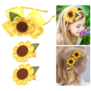 Kids Sunflower Headband And Hair Clips Yellow Fabric Ribbon Bow Anti-slip Flower Hair Accessories For Girls Toddlers