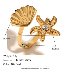 18K gold plated stainless steel open ring with starfish shell design and small diamonds