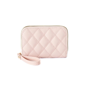 Pink quilted diamond stitch accordion card holder with wrist strap and gold zipper