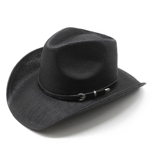 Black western felt jazz hat with wide curled brim and feather buckle leather band