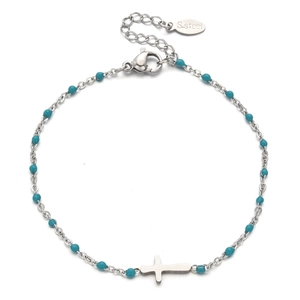 Detail of silver stainless steel chain bracelet with turquoise beads and cross pendant
