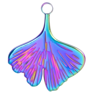 Macro detail of iridescent ginkgo leaf pendant with vivid gradient texture and metal ring
